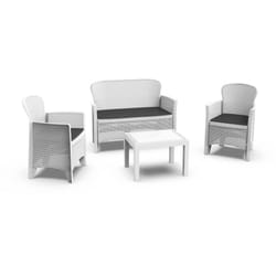 Set salotto da esterno Anny, Set da giardino, Salottino effetto rattan, 100% Made in Italy, 1 divano, 2 poltrone e 1 tavolino contenitore, Bianco