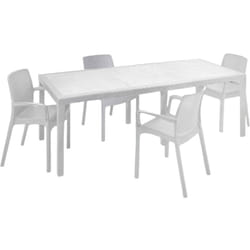 Set salotto da esterno Arret, Ripiano allungabile da esterno con 4 sedie, Tavolo e sedute da giardino effetto rattan, 100% Made in Italy, Bianco