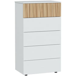 Cassettiera Wynne, Settimanale a 5 cassetti, Mobile Comò per camera da letto, Comò moderno, 61x40h109 cm, Bianco e Rovere, con imballo rinforzato