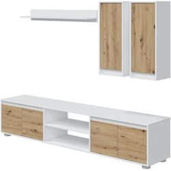 Parete attrezzata Astulo, Set da soggiorno, Mobile salotto multiuso, Composizione per salotto moderno, 200x40h114 cm, Bianco e Rovere - Dmora