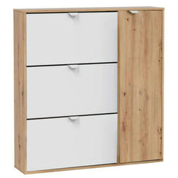Scarpiera Anuk, Scarpiera da ingresso a 4 ante, Armadio portascarpe salvaspazio, 105x24h112 cm, Bianco e Rovere - Dmora