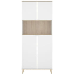 Dmora - Credenza Spino, Buffet dispensa da soggiorno, Madia da salotto moderna a 4 ante, 80x40h191 cm, Bianco e Rovere, con imballo rinforzato