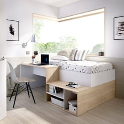 Letto per bambini Cervino, Lettino singolo per cameretta, Set con scrivania e scaffali, 195x134h73 cm, Bianco e Rovere, con imballo rinforzato - Dmora
