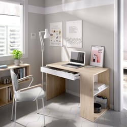 Dmora - Scrivania Grigna, Scrittoio multiuso da ufficio o cameretta, Tavolo da studio lineare con scaffali, 115x50h74 cm, Rovere e Bianco, con