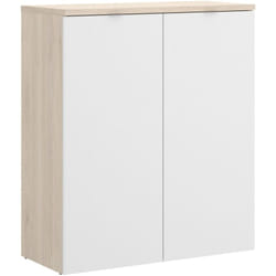 Armadio multiuso 2 ante Alicha, Mobile basso multifunzione, Armadietto porta scarpe, 79x40h96 cm, Bianco lucido e Rovere - Dmora