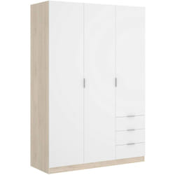 Guardaroba 3 ante Astru, Mobile appendiabiti per camera da letto, Armadio 3 cassetti, 121x52h184 cm, Bianco e Rovere - Dmora