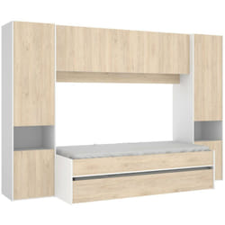 Composizione camera da letto Giustizia, Cameretta completa, Composizione con letto e lettino singolo estraibile, 303x97h203 cm, Rovere e Bianco