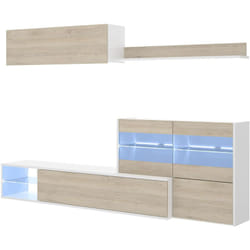 Dmora - Parete attrezzata Agio, Set da soggiorno modulare ad angolo, Mobile salotto multiposizione con luce led, 260x41h180 cm, Rovere e Bianco lucido