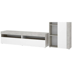 Parete attrezzata Aleu, Set da soggiorno componibile, Mobile salotto multiposizione, 265x42h180 cm, Bianco e Cemento - Dmora