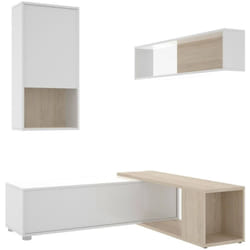 Dmora - Parete attrezzata Fortuna, Set da soggiorno modulare ad angolo, Mobile salotto multiposizione, 230x41h180 cm, Bianco lucido e Rovere