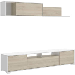 Dmora - Parete attrezzata Abbete, Set da soggiorno porta tv, Mobile salotto multiuso, 200x41h180 cm, Rovere e Bianco lucido