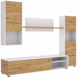 PARETE ATTREZZATA - Set da soggiorno porta TV, Mobile salotto multiuso, 220x41h180 cm, Rovere Nodi e Bianco. STRUTTURA E UTIL ...