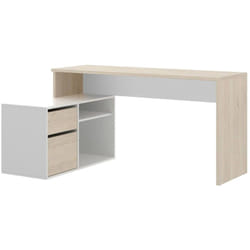Dmora - Scrivania Andor, Scrittoio multiposizione da ufficio o cameretta, Tavolo da studio angolare multiuso, 139x92h75 cm, Bianco lucido e Rovere