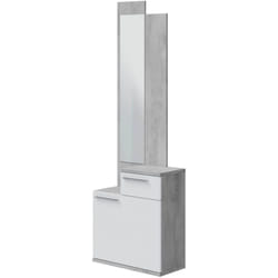 Dmora - Mobile da ingresso Waltham, Scarpiera multifunzione con specchio, Armadio a 1 anta e 1 cassetto, 61x28h185 cm, Cemento e Bianco lucido, con