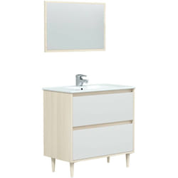 Mobile sottolavabo Berillo, Sotto lavabo bagno, Mobiletto da bagno con specchio, Lavabo non incluso, 80x45h80 cm, Bianco lucido e Rovere - Dmora