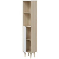 Dmora - Mobile colonna Lazzarina, Pensile bagno con 1 anta, Armadio alto, 30x25h150 cm, Rovere e Bianco lucido