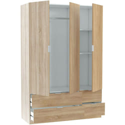 Guardaroba 3 ante Ababala, Mobile camera da letto a 3 ante e 2 cassetti, Armadio appendiabiti, 135x52h200 cm, Rovere - Dmora