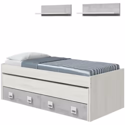 LETTO PER BAMBINI - Struttura letto per cameretta, Letto singolo con lettino estraibile e 2 cassetti e 2 mensole, 199x96h65,  ...