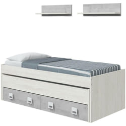 Letto per bambini Balzola, Struttura letto per cameretta, Letto singolo con lettino estraibile e 2 cassetti e 2 mensole, 199x96h65, Bianco e Cemento