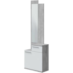 Dmora - Mobile da ingresso Azzurro, Scarpiera multifunzione con specchio, Armadio a 1 anta e 1 cassetto, 61x28h185 cm, Cemento e Bianco lucido