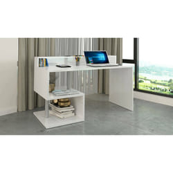 Scrivania Kobenhavn, Scrittoio lineare con ripiani portaoggetti, Scrivania ufficio multiuso con sopralzo, 140x60h93 cm, Bianco