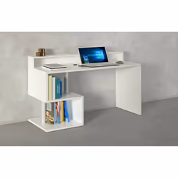 Scrivania Kobenhavn, Scrittoio lineare con ripiani portaoggetti, Scrivania ufficio multiuso con sopralzo, 140x60h93 cm, Bianco - Vista aggiuntiva 4