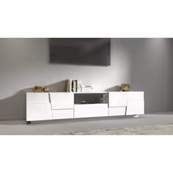 Mobile porta TV Maestrale, Credenza bassa da soggiorno con 4 ante e 1 cassetto, Base porta TV, 220x44h46 cm, Bianco lucido