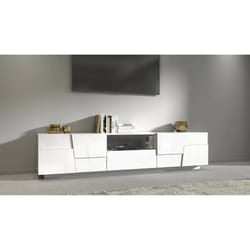 Mobile porta TV Maestrale, Credenza bassa da soggiorno con 4 ante e 1 cassetto, Base porta TV, 220x44h46 cm, Bianco lucido