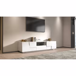 Mobile porta TV Maestrale, Credenza bassa da soggiorno con 4 ante e 1 cassetto, Base porta TV, 220x44h46 cm, Bianco lucido - Vista aggiuntiva 4