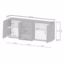 Credenza Astel, Buffet da soggiorno, Madia da salotto con 4 ante e 3 cassetti, 220x44h86 cm, Bianco lucido