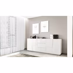 Credenza Astel, Buffet da soggiorno, Madia da salotto con 4 ante e 3 cassetti, 220x44h86 cm, Bianco lucido - Vista aggiuntiva 4