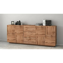 Credenza Astel, Buffet da soggiorno, Madia da salotto con 4 ante e 3 cassetti, 220x44h86 cm, Rovere
