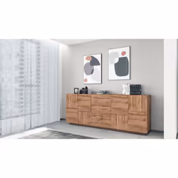 Credenza Astel, Buffet da soggiorno, Madia da salotto con 4 ante e 3 cassetti, 220x44h86 cm, Rovere - Vista aggiuntiva 4