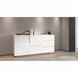 Credenza Avelignese, Buffet da soggiorno, Madia da salotto con 2 ante e 3 cassetti, 180x44h86 cm, Bianco lucido