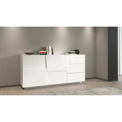 Credenza Avelignese, Buffet da soggiorno, Madia da salotto con 2 ante e 3 cassetti, 180x44h86 cm, Bianco lucido