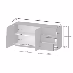 Credenza Avelignese, Buffet da soggiorno, Madia da salotto con 2 ante e 3 cassetti, 180x44h86 cm, Bianco lucido