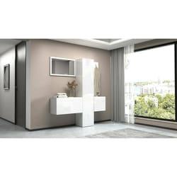 Mobile da ingresso Barengo, Armadietto multifunzione a 3 ante, Appendiabiti da parete con specchio, 170x35h190 cm, Bianco