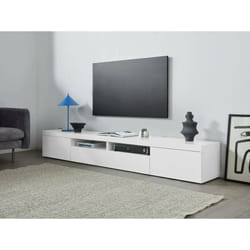 Mobile porta TV Animali, Credenza bassa da soggiorno a 3 ante, Base porta TV, 240x40h35 cm, Bianco lucido