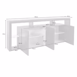 Credenza Atak, Buffet da soggiorno a 4 ante, Madia da salotto, Credenza moderna, 100% Made in Italy, 220x40h80 cm, Bianco lucido