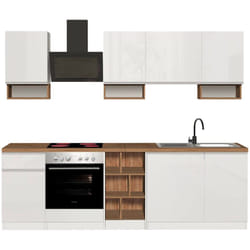 Dmora - Cucina completa Attimis, Set con dispensa, Mobile per cucinotto, Kit blocco lineare, 100% Made in Italy, 255x60h85 cm, Bianco lucido e Rovere
