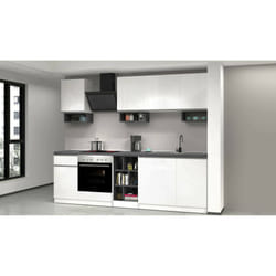 Cucina completa Attimis, Cucina pratica e salvaspazio, Parete da cucina con 7 ante e 1 cassetto, 100% Made in Italy, 255x60h85 cm, Bianco lucido e Ardesia