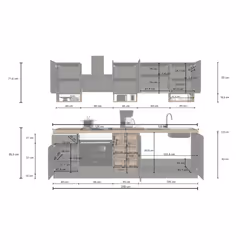 Cucina completa Attimis, Cucina pratica e salvaspazio, Parete da cucina con 7 ante e 1 cassetto, 100% Made in Italy, 255x60h85 cm, Bianco lucido e Ardesia