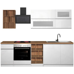 Cucina completa Fonti, Set con dispensa, Mobile per cucinotto, Kit blocco lineare, 100% Made in Italy, 255x60h85 cm, Bianco lucido e Rovere - Dmora