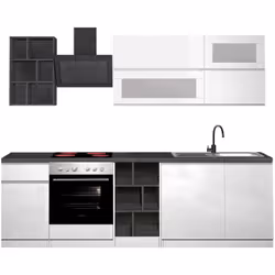 CUCINA COMPLETA - Set con dispensa, Mobile per cucinotto, Kit blocco lineare, 100% Made in Italy, 255x60h85 cm, Bianco lucido ...