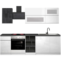 Cucina completa Fonti, Set con dispensa, Mobile per cucinotto, Kit blocco lineare, 100% Made in Italy, 255x60h85 cm, Bianco lucido e Ardesia - Dmora