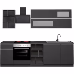 CUCINA COMPLETA - Set con dispensa, Mobile per cucinotto, Kit blocco lineare, 100% Made in Italy, 255x60h85 cm, Antracite e A ...