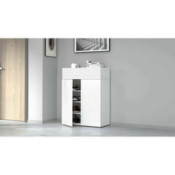 Scarpiera Nala, Porta scarpe salvaspazio a 3 ante, Armadio multifunzione da ingresso, 76x38h100 cm, Bianco effetto larice