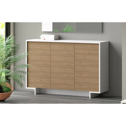 Credenza Arius, Madia da salotto, Buffet da soggiorno a 3 ante e 1 cassetto, 100% Made in Italy, 134x35h87 cm, Bianco e Rovere