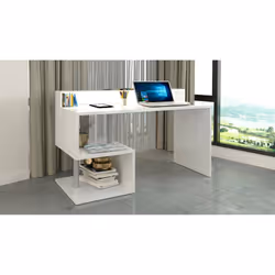 Scrivania Yemyin, Scrittoio lineare con ripiani portaoggetti e luci LED, Scrivania ufficio multiuso con sopralzo, 140x60h93 c ...