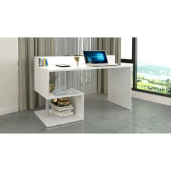 Scrivania Yemyin, Scrittoio lineare con ripiani portaoggetti e luci LED, Scrivania ufficio multiuso con sopralzo, 140x60h93 cm, Bianco